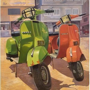 S. M. Fawad, Old Vespa, 40 x 40 Inch, Oil on Canvas, Realistic Painting, AC-SMF-239